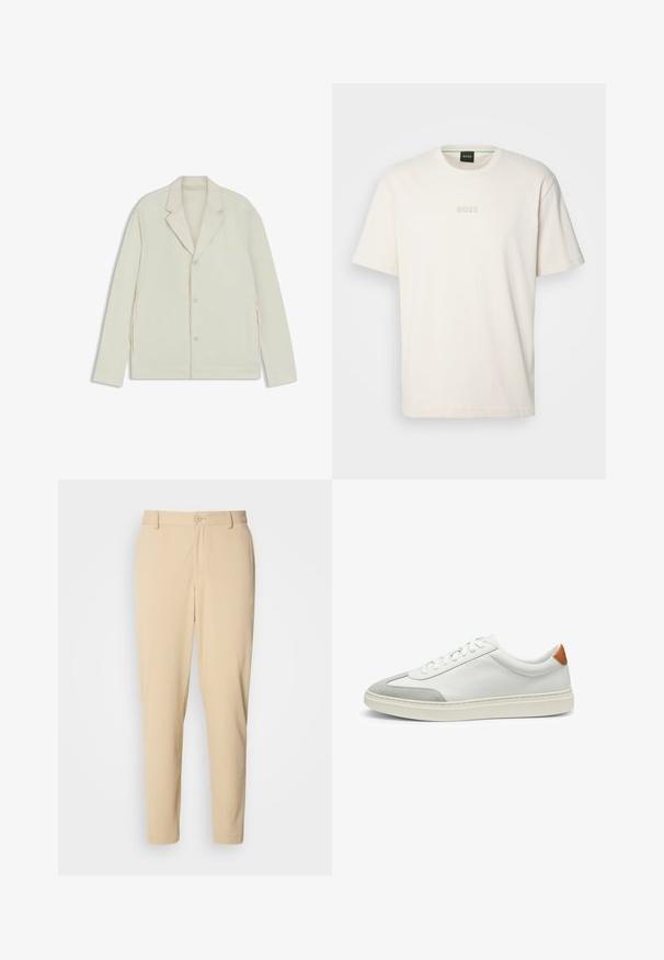 Light beige jacket with a notched lapel, button closure, and side zippers. Made from smooth, textured fabric with a tailored fit.; BOSS TEE - Basic T-shirt - open white; Beige, textured trousers with a slim fit, featuring a front button closure, belt loops, and side pockets. Smooth fabric finish.; White leather sneakers with gray suede accents and a tan leather heel tab. Features a textured surface and lightweight sole.