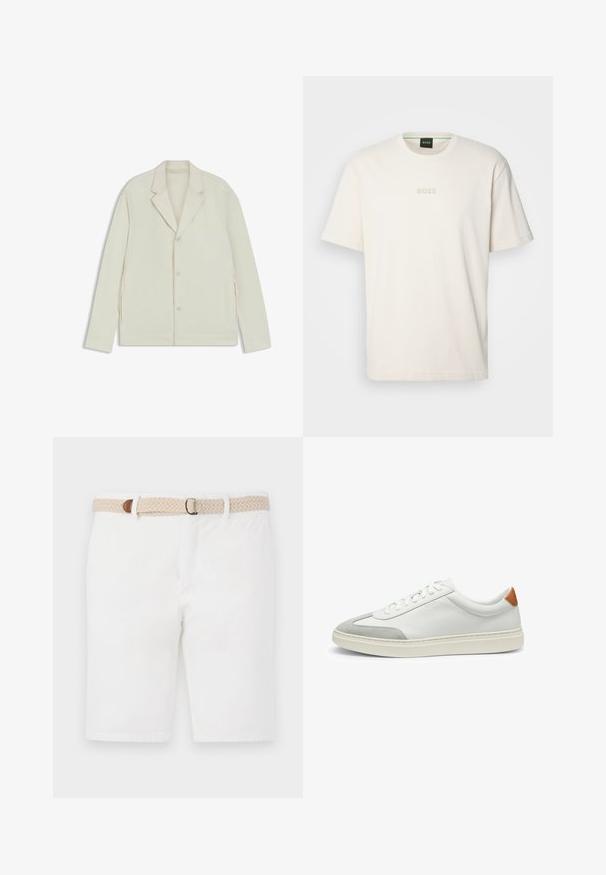 Light beige jacket with a notched lapel, button closure, and side zippers. Made from smooth, textured fabric with a tailored fit.; BOSS TEE - Basic T-shirt - open white; White cotton shorts featuring a woven beige belt with a brown accent. The shorts have a clean design and a smooth texture.; White leather sneakers with gray suede accents and a tan leather heel tab. Features a textured surface and lightweight sole.