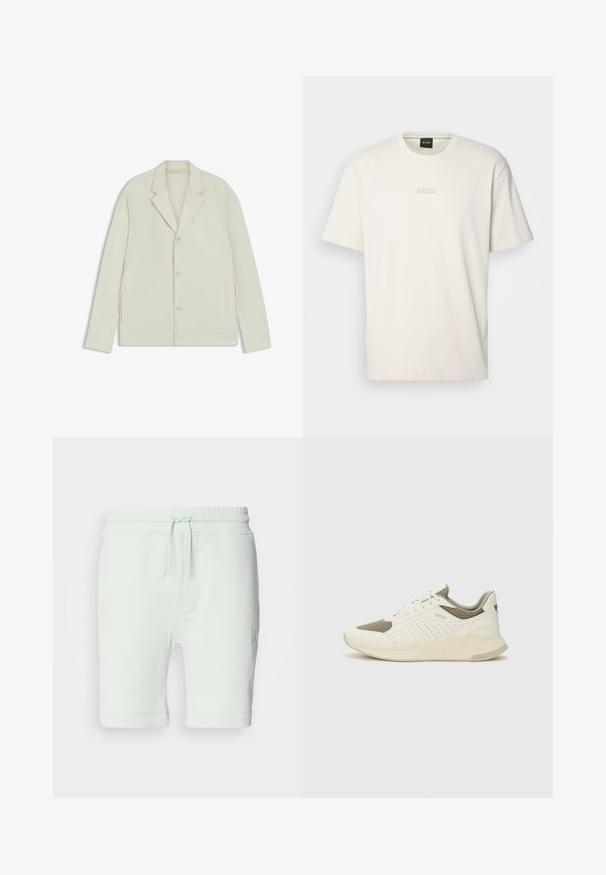 Valkoinenbeige takki, jossa on sahalaita, napitus ja sivuvetoketjut. Valmistettu sileästä, teksturoidusta kankaasta, joka on muotoiltu hyvin istuvaksi.; BOSS TEE - T-paita - open white; Vaaleanmintunvihreät puuvillahousut, joissa on joustava vyötärö, säädettävä nyöri, sivutaskut ja logotieto oikealla lahkeella.; Valkoinen ja vaaleanbeige urheilukengät, joissa on verkkomateriaali yläosa, rei'itettyjä yksityiskohtia ja teksturoitu välipohja, jossa on brändäys kantapäässä.