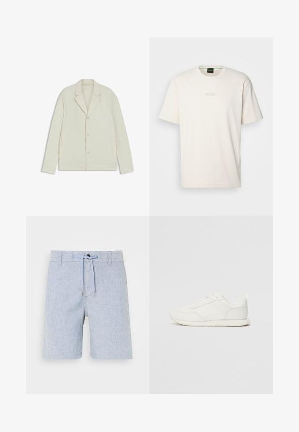 Light beige jacket with a notched lapel, button closure, and side zippers. Made from smooth, textured fabric with a tailored fit.; BOSS TEE - Basic T-shirt - open white; Light blue linen shorts with a drawstring waist, a single button closure, and subtle texture. Knee-length design with no visible patterns.; White sneaker with a mesh and synthetic upper, round toe, flat laces, and a textured side stripe. Rubber sole with a pull tab at the back.