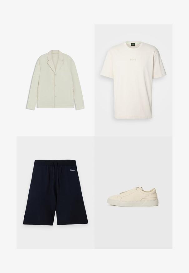 Lys beige jakke med klapkrave, knaplukning og sidelommer med lynlås. Lavet af glat, tekstureret stof med en skræddersyet pasform.; BOSS TEE - T-shirts basic - open white; Marineblå shorts lavet af blød stof, med en elastisk talje og snore, og broderet tekst "Future" nær toppen.; Beige lædersneaker med rund tå, minimalistisk design, diskrete syninger og en struktureret overflade, på en lys sål.