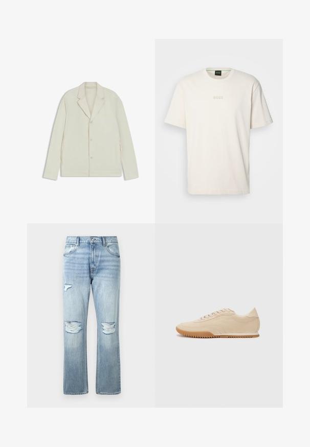 Light beige jacket with a notched lapel, button closure, and side zippers. Made from smooth, textured fabric with a tailored fit.; BOSS TEE - Basic T-shirt - open white; Light blue denim jeans with distressed tears on both knees and a small tear on the upper left thigh, classic five-pocket style.; Beige suede sneakers with a streamlined design, featuring a textured upper, rounded toe, and a rubber sole with a zigzag pattern.