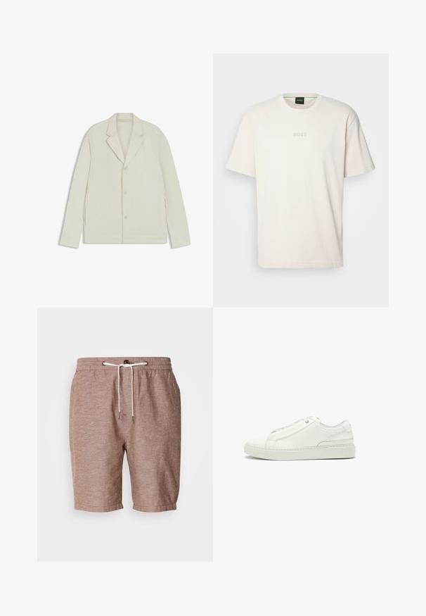Light beige jacket with a notched lapel, button closure, and side zippers. Made from smooth, textured fabric with a tailored fit.; BOSS TEE - Basic T-shirt - open white; Brown linen shorts with an elastic waistband, drawstring closure, and rolled hem. Features subtle texture and minimal design elements.; White leather sneaker featuring a textured upper, a round toe, minimalistic design, and a rubber sole with stitched detailing.