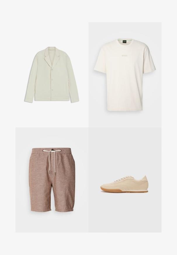 Light beige jacket with a notched lapel, button closure, and side zippers. Made from smooth, textured fabric with a tailored fit.; BOSS TEE - Basic T-shirt - open white; Brown linen shorts with an elastic waistband, drawstring closure, and rolled hem. Features subtle texture and minimal design elements.; Beige suede sneakers with a streamlined design, featuring a textured upper, rounded toe, and a rubber sole with a zigzag pattern.