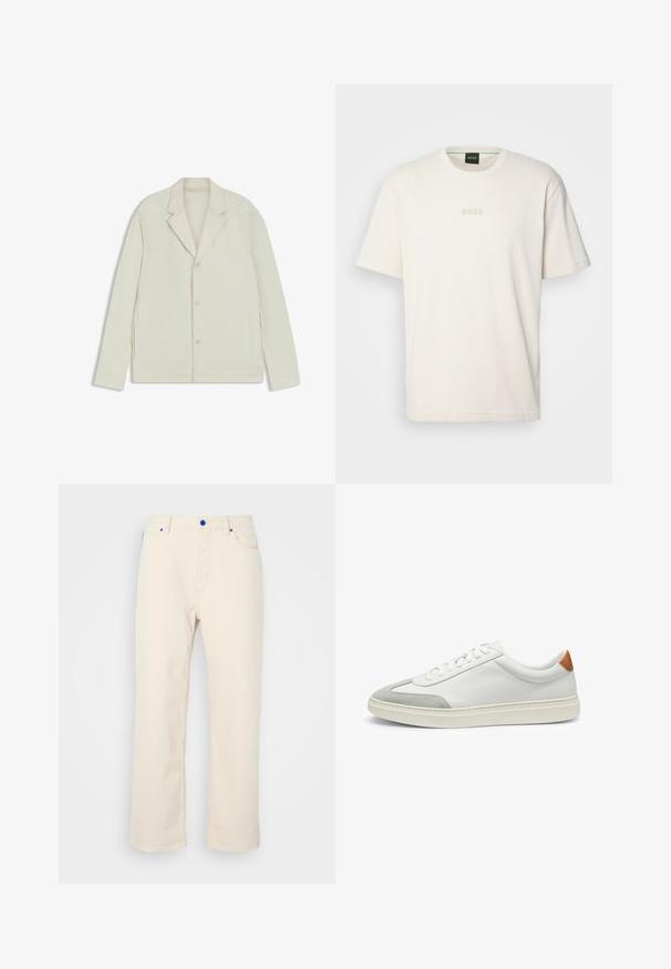Light beige jacket with a notched lapel, button closure, and side zippers. Made from smooth, textured fabric with a tailored fit.; BOSS TEE - Basic T-shirt - open white; Beige straight-leg pants made of cotton, featuring blue button accents, five pockets, and a clean design without visible patterns.; White leather sneakers with gray suede accents and a tan leather heel tab. Features a textured surface and lightweight sole.