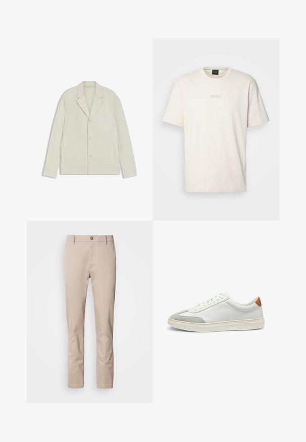 Light beige jacket with a notched lapel, button closure, and side zippers. Made from smooth, textured fabric with a tailored fit.; BOSS TEE - Basic T-shirt - open white; Beige cotton chinos with a straight fit, belt loops, a single front button, and a smooth, untextured surface. No pockets are visible.; White leather sneakers with gray suede accents and a tan leather heel tab. Features a textured surface and lightweight sole.