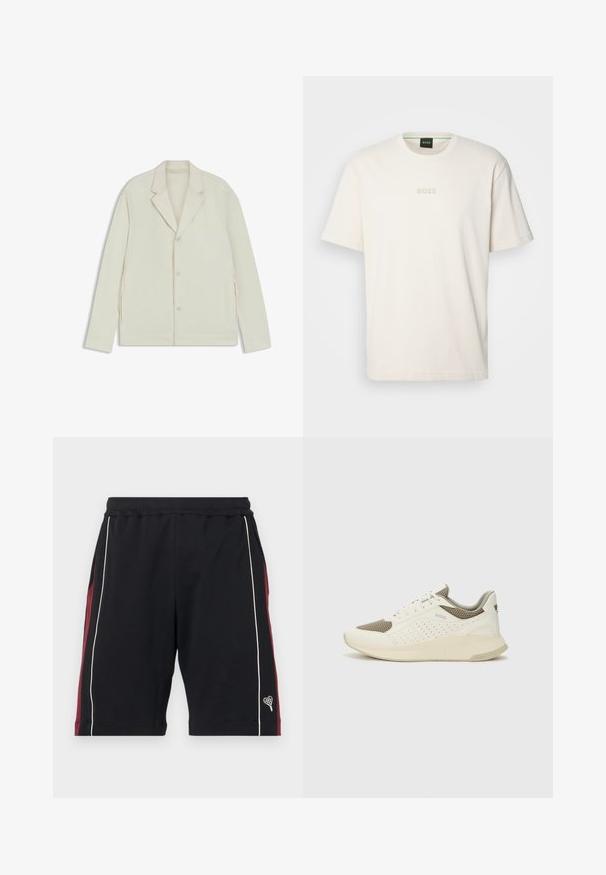 Light beige jacket with a notched lapel, button closure, and side zippers. Made from smooth, textured fabric with a tailored fit.; BOSS TEE - Basic T-shirt - open white; Black shorts made of soft fabric, featuring maroon side panels, white piping, and a small heart logo on the hem. Elastic waistband for comfort.; White and light beige athletic sneaker, featuring a mesh upper, perforated detailing, and a textured midsole with branding on the heel.