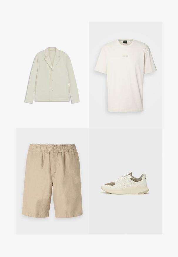 Light beige jacket with a notched lapel, button closure, and side zippers. Made from smooth, textured fabric with a tailored fit.; BOSS TEE - Basic T-shirt - open white; Beige cotton shorts with an elastic waistband, featuring a relaxed fit and smooth texture. No visible pockets or patterns.; White and light beige athletic sneaker, featuring a mesh upper, perforated detailing, and a textured midsole with branding on the heel.