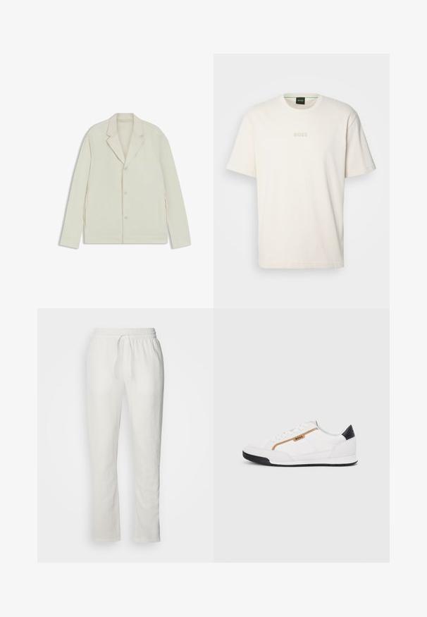 Light beige jacket with a notched lapel, button closure, and side zippers. Made from smooth, textured fabric with a tailored fit.; BOSS TEE - Basic T-shirt - open white; Les Deux PATRICK PANTS - Trousers - white; White athletic shoes with mesh and leather accents. Features a gold "BOSS" logo, textured side panels, and a black heel cap. Rubber sole.