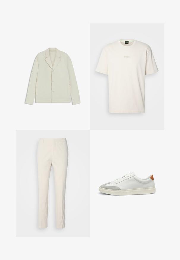 Helle beigefarbene Jacke mit Reverskragen, Knopfverschluss und seitlichen Reißverschlüssen. Hergestellt aus glattem, strukturiertem Material mit einer taillierten Passform.; BOSS TEE - T-Shirt basic - open white; Creamfarbene, maßgeschneiderte Hose aus strukturiertem Stoff. Verfügt über ein gerades Bein-Design, Gürtelschlaufen und zwei Vorderaschen. Keine Muster.; Weiße Leder-Sneaker mit grauen Wildlederakzenten und einer sandfarbenen Lederfersenschlaufe. Sie verfügen über eine strukturierte Oberfläche und eine leichte Sohle.