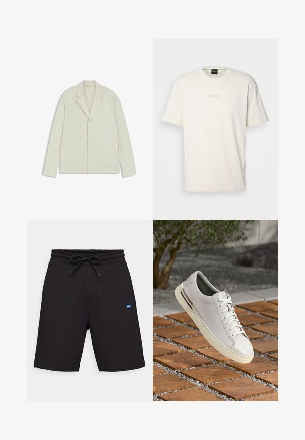 Lichtbeige jas met een geknipte revers, knoopsluiting en zijritsen. Gemaakt van een gladde, gestructureerde stof met een slim fit.; BOSS TEE - T-shirt basic - open white; Zwarte katoenen shorts met een trekkoord in de taille, met zijzakken en een klein blauw logo-opbrengsel aan de voorkant. Een gladde textuur.; Witte leren sneaker met ronde neus, vetersluiting aan de voorkant, crèmekleurige rubberen zool en bruine accentdetails. Textuur van het oppervlak toont een minimalistisch ontwerp.