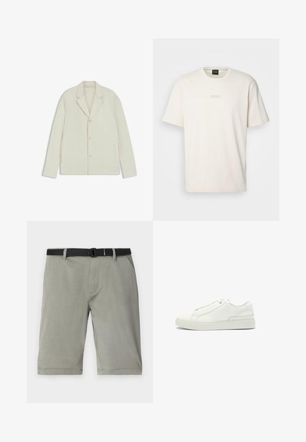 Light beige jacket with a notched lapel, button closure, and side zippers. Made from smooth, textured fabric with a tailored fit.; BOSS TEE - Basic T-shirt - open white; Gray shorts made of a textured fabric, featuring a black belt, standard pockets, and a hem finishing just above the knee.; White leather sneaker featuring a textured upper, a round toe, minimalistic design, and a rubber sole with stitched detailing.