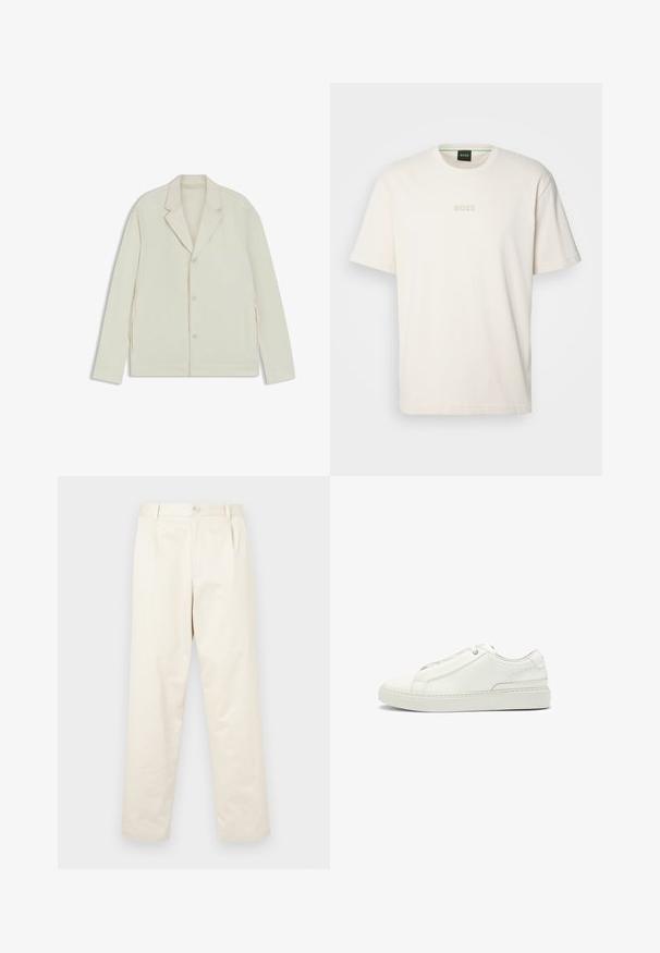Veste beige clair avec un col cranté, fermeture à bouton et zips latéraux. Fabriquée en tissu lisse et texturé avec une coupe ajustée.; BOSS TEE - T-shirt basique - open white; Chinos en coton beige clair avec une coupe droite, dotés d'une fermeture par bouton et de deux poches latérales. Texture lisse sans motifs visibles.; Baskets en cuir blanc avec un upper texturé, une pointe ronde, un design minimaliste et une semelle en caoutchouc avec des coutures décoratives.