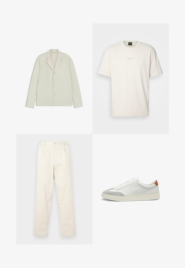 Lys beige jakke med klapkrave, knaplukning og sidelommer med lynlås. Lavet af glat, tekstureret stof med en skræddersyet pasform.; BOSS TEE - T-shirts basic - open white; Lys beige bomulds chinos med lige ben-design, der har en knaplukning og to sidelommer. Glat tekstur uden synlige mønstre.; Hvide lædersneakers med grå ruskindsdetaljer og en tan læderhæltap. Har en struktureret overflade og en let sål.