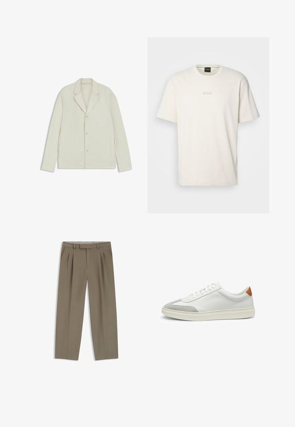 Light beige jacket with a notched lapel, button closure, and side zippers. Made from smooth, textured fabric with a tailored fit.; BOSS TEE - Basic T-shirt - open white; Khaki pleated trousers with side pockets, belt loops, and a straight-leg cut, displayed flat on a white background.; White leather sneakers with gray suede accents and a tan leather heel tab. Features a textured surface and lightweight sole.