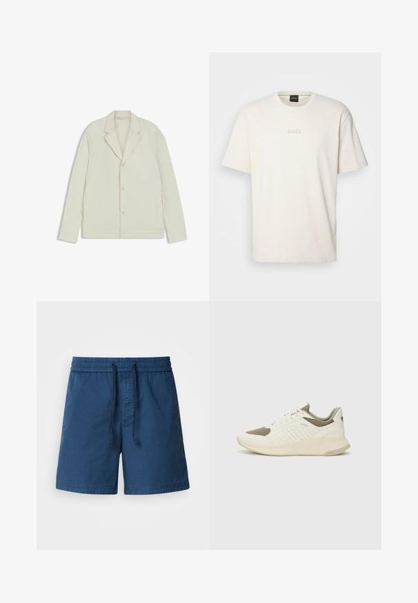 Giacca beige chiaro con rever a taglio, chiusura con bottoni e zip laterali. Realizzata in tessuto liscio e testurizzato con una vestibilità su misura.; BOSS TEE - T-shirt basic - open white; Costumi da bagno blu navy con vita elastica, chiusura con cordino e tessuto strutturato. Il design presenta una linea dritta e nessuna tasca.; Sneaker atletica bianca e beige chiaro, con tomaia in mesh, dettagli perforati e una suola intermedia texturizzata con marchio sul tallone.