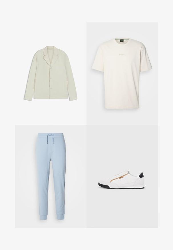 Lys beige jakke med klapkrave, knaplukning og sidelommer med lynlås. Lavet af glat, tekstureret stof med en skræddersyet pasform.; BOSS TEE - T-shirts basic - open white; Lysblå sweatpants lavet af blødt stof med elastisk talje og justerbar snøre. Cuffede sømme fuldender designet.; Hvide atletiske sko med mesh og læderdetaljer. Har et gyldent "BOSS" logo, teksturerede sidepaneler og en sort hælkappe. Gummisål.
