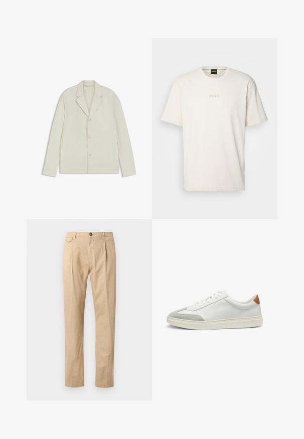 Giacca beige chiaro con rever a taglio, chiusura con bottoni e zip laterali. Realizzata in tessuto liscio e testurizzato con una vestibilità su misura.; BOSS TEE - T-shirt basic - open white; Pantaloni beige in cotone straigh-leg da uomo con tasche frontali, passanti per cintura, chiusura con bottone e zip, su uno sfondo bianco.; Sneakers bianchi in pelle con accenti in suede grigio e un tallone in pelle beige. Presentano una superficie testurizzata e una suola leggera.