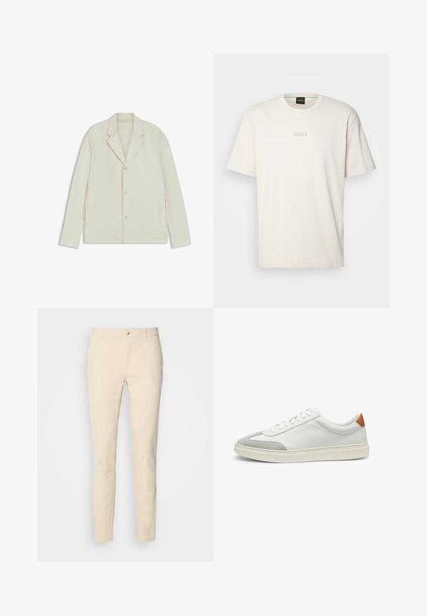 Light beige jacket with a notched lapel, button closure, and side zippers. Made from smooth, textured fabric with a tailored fit.; BOSS TEE - Basic T-shirt - open white; Scotch & Soda ESSENTIAL MOTT - Chinos - parchment; White leather sneakers with gray suede accents and a tan leather heel tab. Features a textured surface and lightweight sole.