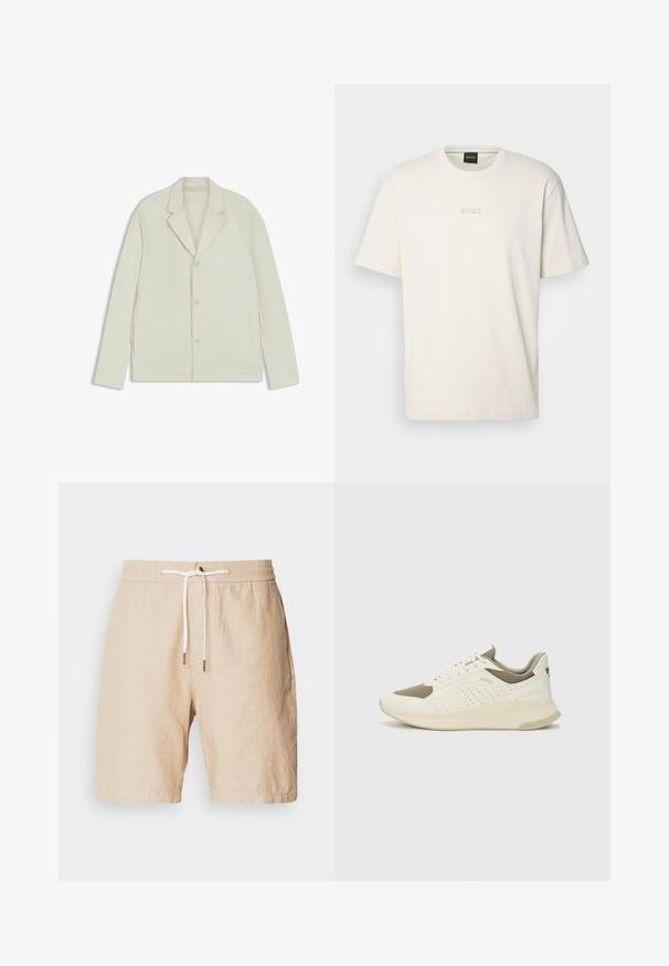 Light beige jacket with a notched lapel, button closure, and side zippers. Made from smooth, textured fabric with a tailored fit.; BOSS TEE - Basic T-shirt - open white; Beige linen shorts with an elastic waistband, adjustable drawstring, and side pockets. Smooth texture, knee-length cut, minimal detailing.; White and light beige athletic sneaker, featuring a mesh upper, perforated detailing, and a textured midsole with branding on the heel.