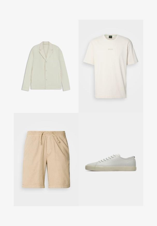 Light beige jacket with a notched lapel, button closure, and side zippers. Made from smooth, textured fabric with a tailored fit.; BOSS TEE - Basic T-shirt - open white; Beige cotton shorts with an elastic waistband, drawstring, side pockets, and a relaxed fit. Smooth texture and knee-length design.; Light grey sneakers with canvas upper, round toe, rubber sole, and flat laces. Minimalist design with subtle branding on the side.