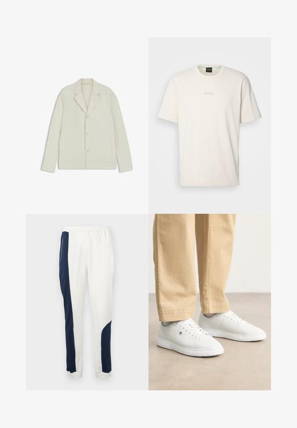 Light beige jacket with a notched lapel, button closure, and side zippers. Made from smooth, textured fabric with a tailored fit.; BOSS TEE - Basic T-shirt - open white; White jogger pants featuring navy side panels and elastic cuffs, made of soft fabric with a smooth texture and a drawstring waistband.; White leather sneakers with a smooth finish, featuring round toe, lace-up design, and subtle logo detail on the side, paired with beige pants.
