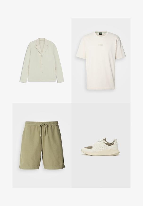 Chaqueta de color beige claro con solapas en pico, cierre de botones y cremalleras laterales. Fabricada con una tela suave y texturizada, con un corte a medida.; BOSS TEE - Camiseta básica - open white; Bermudas verde oliva, hechas de algodón, con cintura elástica y cordón, que cuentan con bolsillos laterales y un corte recto. Textura suave.; Zapatilla deportiva en blanco y beige claro, con parte superior de malla, detalles perforados y una mediasuela texturizada con la marca en el talón.