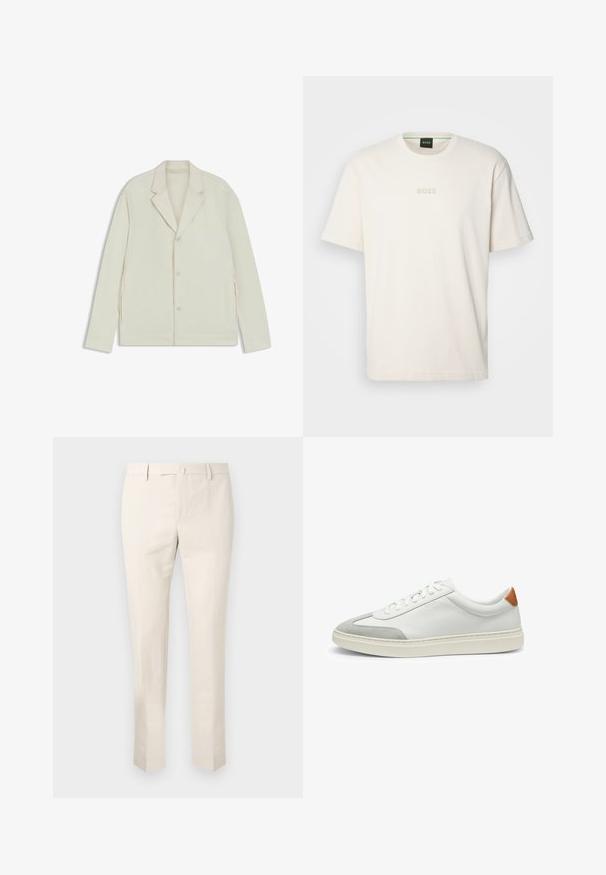 Chaqueta de color beige claro con solapas en pico, cierre de botones y cremalleras laterales. Fabricada con una tela suave y texturizada, con un corte a medida.; BOSS TEE - Camiseta básica - open white; Chinos beige claro hechos de algodón, con frente plano, trabillas para cinturón y bolsillos laterales. Diseño de pierna recta con una textura suave.; Zapatillas de cuero blanco con acentos de ante gris y un refuerzo de cuero marrón claro en el talón. Presentan una superficie texturizada y una suela ligera.