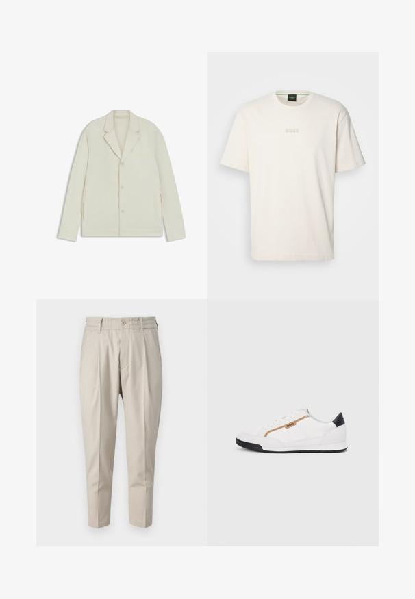Light beige jacket with a notched lapel, button closure, and side zippers. Made from smooth, textured fabric with a tailored fit.; BOSS TEE - Basic T-shirt - open white; DRYKORN CHASY - Chinos - brown; White athletic shoes with mesh and leather accents. Features a gold "BOSS" logo, textured side panels, and a black heel cap. Rubber sole.