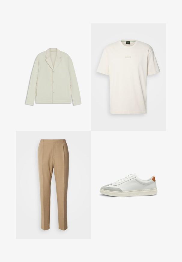 Valkoinenbeige takki, jossa on sahalaita, napitus ja sivuvetoketjut. Valmistettu sileästä, teksturoidusta kankaasta, joka on muotoiltu hyvin istuvaksi.; BOSS TEE - T-paita - open white; Khaki-harmaat muotitikkarit, joissa on tasainen etuosa, suorat lahkeet, hienovarainen rakenne ja kaksi etutaskua. Ominaisuudet ovat tyylikkäässä, minimalistisessa muotoilussa.; Valkoiset nahkakengät, joissa on harmaat mikrokuituakkentit ja vaaleanruskea nahkakanta. Ominaisuuksiin kuuluu teksturoitu pinta ja kevyt pohja.