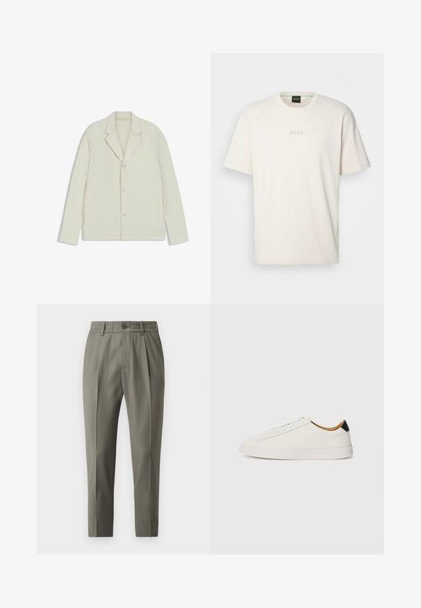Light beige jacket with a notched lapel, button closure, and side zippers. Made from smooth, textured fabric with a tailored fit.; BOSS TEE - Basic T-shirt - open white; Beige tailored trousers with a straight-leg cut, featuring a button closure, pleats at the front, and an elastic waistband for comfort.; White sneaker with a smooth leather upper, round toe, and flat sole. Black accent at the heel, featuring tonal laces and minimal branding.