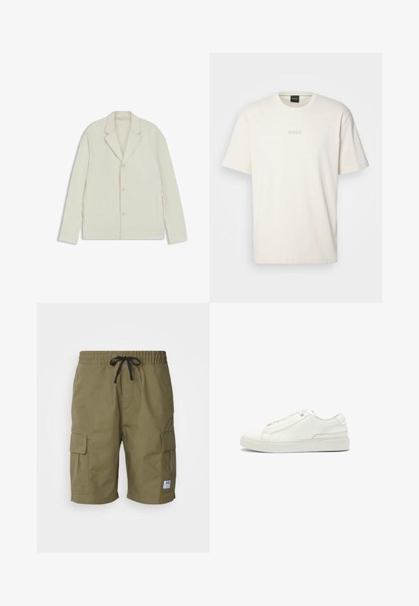 Light beige jacket with a notched lapel, button closure, and side zippers. Made from smooth, textured fabric with a tailored fit.; BOSS TEE - Basic T-shirt - open white; Olive green cargo shorts made of lightweight fabric, featuring an elastic waistband with a drawstring and side cargo pockets.; White leather sneaker featuring a textured upper, a round toe, minimalistic design, and a rubber sole with stitched detailing.
