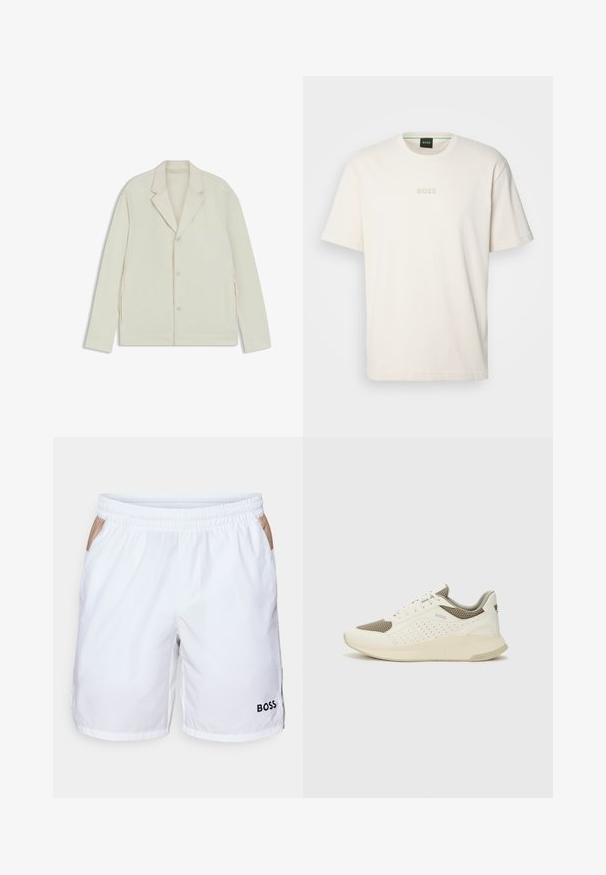 Helle beigefarbene Jacke mit Reverskragen, Knopfverschluss und seitlichen Reißverschlüssen. Hergestellt aus glattem, strukturiertem Material mit einer taillierten Passform.; BOSS TEE - T-Shirt basic - open white; Weiße Badeshorts mit elastischem Bund, zwei seitlichen Taschen mit einem beigen Akzent und einem kleinen schwarzen Logo am unteren rechten Bein.; Weiße und hellbeige Sport Sneakers, ausgestattet mit einem Obermaterial aus Netzgewebe, perforierten Details und einer strukturierten Zwischensohle mit Branding an der Ferse.