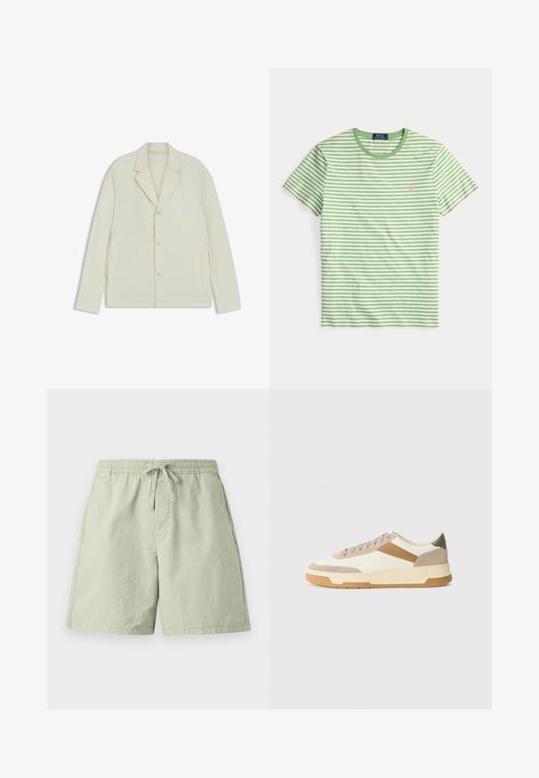 Helle beigefarbene Jacke mit Reverskragen, Knopfverschluss und seitlichen Reißverschlüssen. Hergestellt aus glattem, strukturiertem Material mit einer taillierten Passform.; Grün-weiße horizontal gestreifte Kurzarm-T-Shirt mit Rundhalsausschnitt und kleinem orangen Polo Ralph Lauren Logo auf der Brust.; Hellgrüne Baumwollshorts mit elastischem Bund und Kordelzug, ausgestattet mit Seitentaschen und einer lockeren Passform. Glatte Textur, knielanges Design.; Sneaker in Beige, Creme und Olivgrün, aus Wildleder und Leder, mit runder Zehenpartie, minimalistischem Design und Gummisohle.