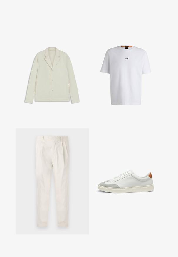 Light beige jacket with a notched lapel, button closure, and side zippers. Made from smooth, textured fabric with a tailored fit.; White cotton T-shirt with short sleeves, featuring a black "BOSS" logo centered on the chest and a round neck design.; White, pleated trousers with a tailored fit, featuring a smooth texture, belt loops, and tapered legs. No visible pockets or patterns.; White leather sneakers with gray suede accents and a tan leather heel tab. Features a textured surface and lightweight sole.