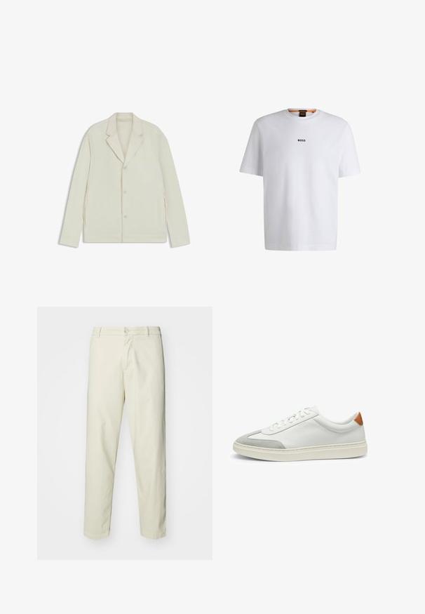 Lichtbeige jas met een geknipte revers, knoopsluiting en zijritsen. Gemaakt van een gladde, gestructureerde stof met een slim fit.; Witte katoenen T-shirt met korte mouwen, voorzien van een zwart "BOSS"-logo in het midden van de borst en een ronde halsontwerp.; Lichtbeige katoenen broek met een rechte pijpontwerp, voorzien van een voorgestructureerde knoopsluiting en standaardzakken, een gladde textuur en geen patronen.; Witte leren sneakers met grijze suede accenten en een tan leren hieltab. Kenmerkt zich door een textuurovervlak en een lichtgewicht zool.