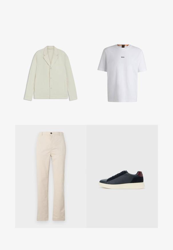 Light beige jacket with a notched lapel, button closure, and side zippers. Made from smooth, textured fabric with a tailored fit.; White cotton T-shirt with short sleeves, featuring a black "BOSS" logo centered on the chest and a round neck design.; Light beige cotton pants with a straight leg design, featuring a front button closure, zipper fly, and minimal stitching details.; Low-top men's sneaker in black leather and suede with maroon heel tab and white rubber sole, viewed from the outer side.