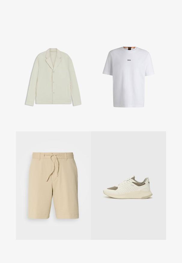 Valkoinenbeige takki, jossa on sahalaita, napitus ja sivuvetoketjut. Valmistettu sileästä, teksturoidusta kankaasta, joka on muotoiltu hyvin istuvaksi.; Valkoinen puuvillapaita lyhyillä hihoilla, jossa on musta "BOSS"-logo keskellä rintaa ja pyöreä pääntie.; Beige shorts valmistetut tekstuurikangasta, joissa on joustava vyötärö, naru ja sivutaskut käytännöllisyyden vuoksi.; Valkoinen ja vaaleanbeige urheilukengät, joissa on verkkomateriaali yläosa, rei'itettyjä yksityiskohtia ja teksturoitu välipohja, jossa on brändäys kantapäässä.