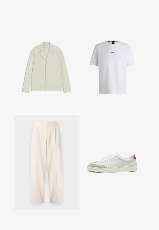 Light beige jacket with a notched lapel, button closure, and side zippers. Made from smooth, textured fabric with a tailored fit.; White cotton T-shirt with short sleeves, featuring a black "BOSS" logo centered on the chest and a round neck design.; Beige tailored trousers with a high waist, pleats, and a straight leg design. Made from smooth fabric with side pockets and a clean finish.; White leather sneakers with gray suede accents and a tan leather heel tab. Features a textured surface and lightweight sole.