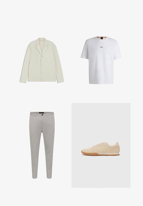 Lichtbeige jas met een geknipte revers, knoopsluiting en zijritsen. Gemaakt van een gladde, gestructureerde stof met een slim fit.; Witte katoenen T-shirt met korte mouwen, voorzien van een zwart "BOSS"-logo in het midden van de borst en een ronde halsontwerp.; Lichtgrijze op maat gemaakte pantalon van textuurstof, met een knoopsluiting, zijzakken en een slim fit ontwerp.; Beige suede sneakers met een gestroomlijnd ontwerp, voorzien van een textuur bovenwerk, ronde neus en een rubberen zool met een zigzagpatroon.