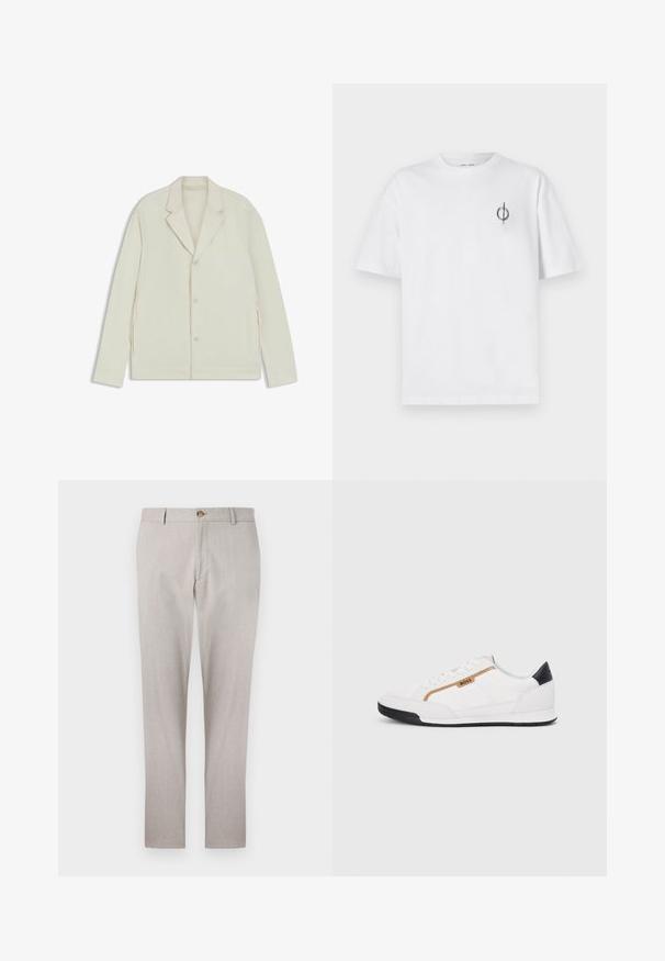 Light beige jacket with a notched lapel, button closure, and side zippers. Made from smooth, textured fabric with a tailored fit.; White cotton t-shirt with a relaxed fit, featuring a small black graphic logo on the left chest area. Short sleeves, crew neck style.; Light gray linen trousers with a tailored design, button closure, side pockets, and a straight leg cut. Soft texture and minimal stitching details.; White athletic shoes with mesh and leather accents. Features a gold "BOSS" logo, textured side panels, and a black heel cap. Rubber sole.