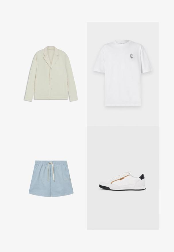 Light beige jacket with a notched lapel, button closure, and side zippers. Made from smooth, textured fabric with a tailored fit.; White cotton t-shirt with a relaxed fit, featuring a small black graphic logo on the left chest area. Short sleeves, crew neck style.; Striped blue swim shorts with an elastic waistband and white drawstring. Features light fabric and a subtle logo on the lower left.; White athletic shoes with mesh and leather accents. Features a gold "BOSS" logo, textured side panels, and a black heel cap. Rubber sole.