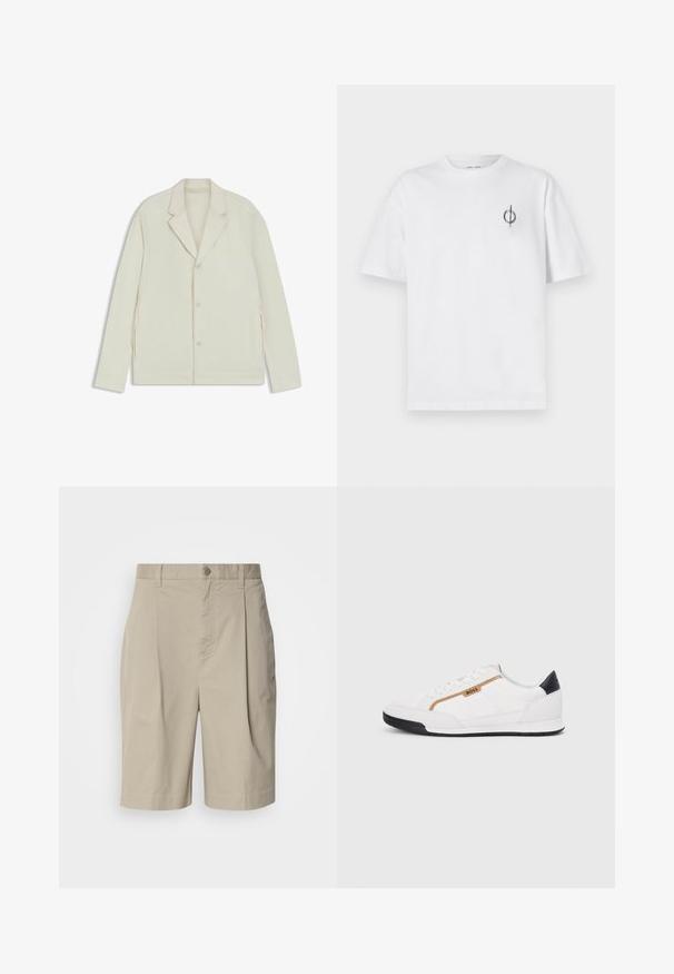 Light beige jacket with a notched lapel, button closure, and side zippers. Made from smooth, textured fabric with a tailored fit.; White cotton t-shirt with a relaxed fit, featuring a small black graphic logo on the left chest area. Short sleeves, crew neck style.; Beige cotton shorts with pleated front, waist button closure, and side pockets. Smooth texture and knee-length cut.; White athletic shoes with mesh and leather accents. Features a gold "BOSS" logo, textured side panels, and a black heel cap. Rubber sole.