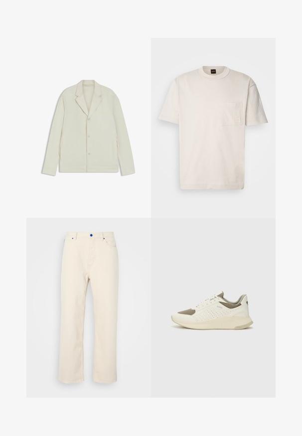 Light beige jacket with a notched lapel, button closure, and side zippers. Made from smooth, textured fabric with a tailored fit.; Light beige cotton t-shirt with a crew neck, short sleeves, and a left chest pocket featuring a subtle logo patch. Smooth texture.; Beige straight-leg pants made of cotton, featuring blue button accents, five pockets, and a clean design without visible patterns.; White and light beige athletic sneaker, featuring a mesh upper, perforated detailing, and a textured midsole with branding on the heel.