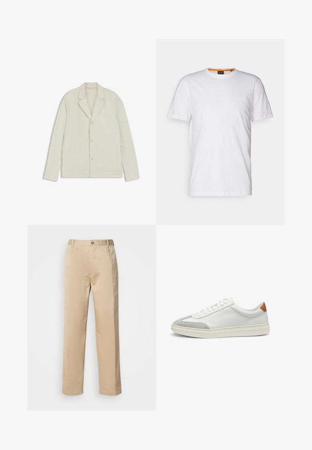Ljus beige jacka med spetsiga slag, knappstängning och sidodragkedjor. Tillverkad av slätt, texturerat tyg med en skräddarsydd passform.; Vit bomulls T-shirt med rundad halsringning, korta ärmar och en diskret präglad logotyp på bröstet. Inuti finns en etikett med en orange accent.; Beiga byxor i lätt tyg, med rak bendesign, midja med bälteshällor och en enkel knappknäppning fram.; Vita lädersneakers med grå mockadetaljer och en tab i brunt läder på hälen. Har en strukturerad yta och en lätt sula.