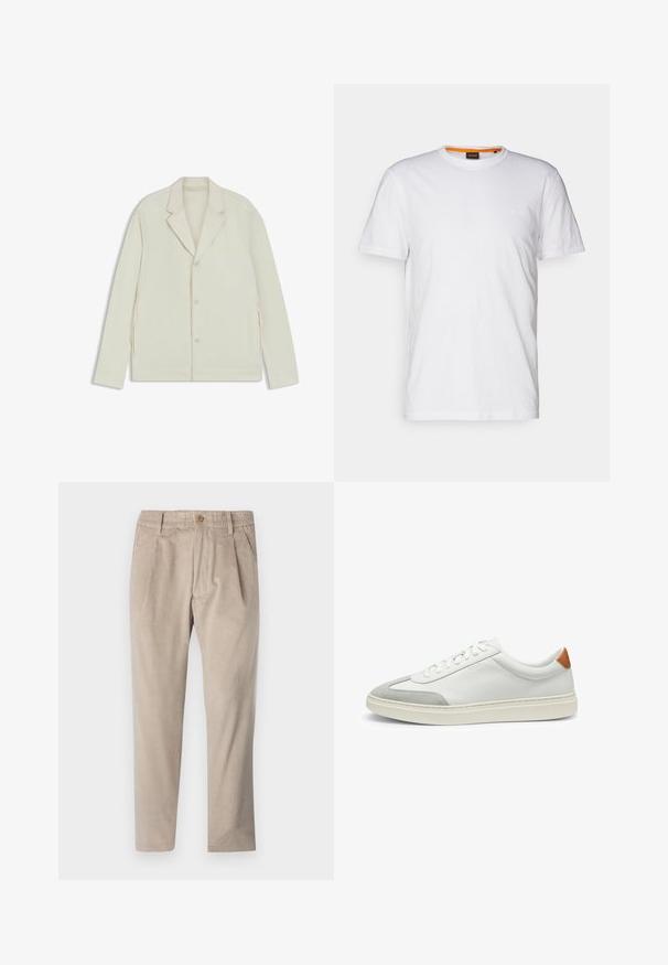 Helle beigefarbene Jacke mit Reverskragen, Knopfverschluss und seitlichen Reißverschlüssen. Hergestellt aus glattem, strukturiertem Material mit einer taillierten Passform.; Weißes Baumwoll-T-Shirt mit Rundhalsausschnitt, kurzen Ärmeln und einem dezenten geprägten Logo auf der Brust. Das Innenschild hat einen orangefarbenen Akzent.; Beige Cordhosen mit einem elastischen Bund, Knopfverschluss und Faltendetails, ausgestattet mit einem geraden Beinschnitt und strukturiertem Stoff.; Weiße Leder-Sneaker mit grauen Wildlederakzenten und einer sandfarbenen Lederfersenschlaufe. Sie verfügen über eine strukturierte Oberfläche und eine leichte Sohle.