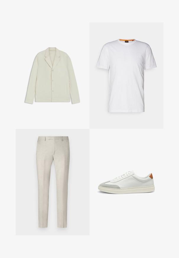 Light beige jacket with a notched lapel, button closure, and side zippers. Made from smooth, textured fabric with a tailored fit.; White cotton T-shirt with a crew neck, short sleeves, and a subtle embossed logo on the chest. Interior tag has an orange accent.; JOOP! Trousers - beige; White leather sneakers with gray suede accents and a tan leather heel tab. Features a textured surface and lightweight sole.