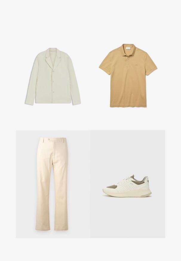 Ljus beige jacka med spetsiga slag, knappstängning och sidodragkedjor. Tillverkad av slätt, texturerat tyg med en skräddarsydd passform.; Lacoste beige polo-shirt i bomull. Den har en ribbad krage, en tre-knappluck och en ton-i-ton broderad logotyp på bröstet.; Beige bomullsbyxor med rak passform, dragkedja och knäppning. Rent design utan synliga mönster eller metallaccenter.; Vit och ljusbeige atletisk sneaker med ett meshöverdrag, perforerade detaljer och en texturerad mellansula med varumärke på hälen.