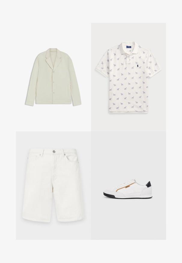 Chaqueta de color beige claro con solapas en pico, cierre de botones y cremalleras laterales. Fabricada con una tela suave y texturizada, con un corte a medida.; Camisa polo blanca de algodón, con un patrón repetido de perros azules y un pequeño logo azul en el pecho. Mangas cortas y color.; Pantalones cortos de mezclilla blanca con un corte recto, que cuentan con bolsillos delanteros, cintura con lazo para cinturón y cierre de botón metálico. Textura suave.; Zapatillas deportivas blancas con acentos de malla y cuero. Presentan un logotipo dorado de "BOSS", paneles laterales texturizados y una tapa de talón negra. Suela de goma.
