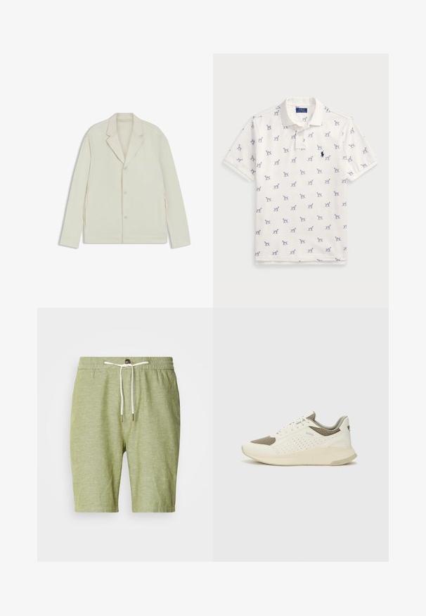 Giacca beige chiaro con rever a taglio, chiusura con bottoni e zip laterali. Realizzata in tessuto liscio e testurizzato con una vestibilità su misura.; Polo bianco in cotone, con motivo a cani blu ripetuto e un piccolo logo blu sul petto. Maniche corte e colletto.; Shorts verde chiaro in misto cotone, con vita elasticizzata e cordoncino con punte metalliche, di lunghezza corta e senza tasche.; Sneaker atletica bianca e beige chiaro, con tomaia in mesh, dettagli perforati e una suola intermedia texturizzata con marchio sul tallone.